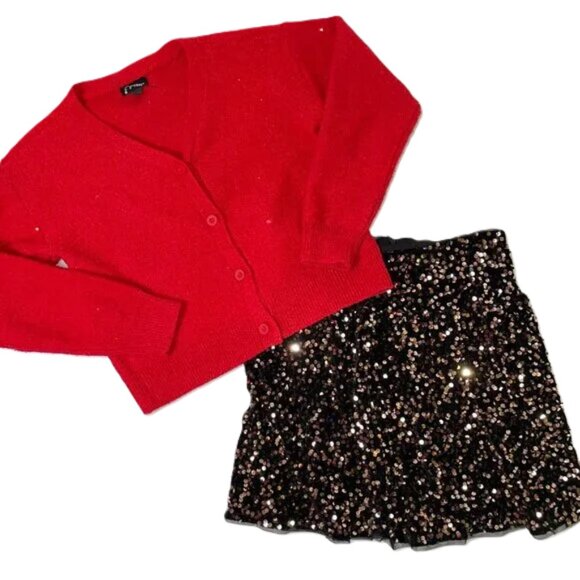 Zara Sparkly Sequins Skirt Black Gold Back Zipper Lined Girl's Size 13 / 14 - Picture 2 of 11